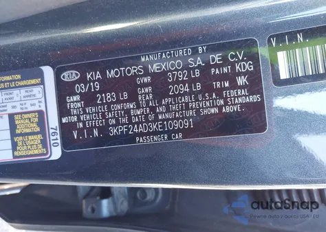 2019 Kia Forte Lxs из США, поврежденный, VIN 3KPF24AD3KE109091